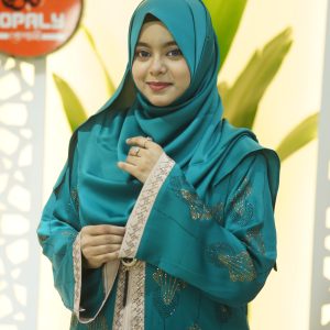 প্রিমিয়াম লাক্সারি জাফরান ফেব্রিক্স এ স্টোন ওয়ার্ক করা বোরকা- সী গ্রীন কালার